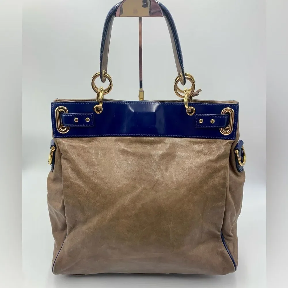 Auth Balenciaga Smooth Brown Leather Navy Patent Top Handle Moon Bag Preloved